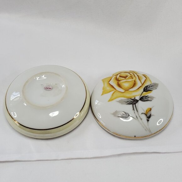 VTG Yellow Rose Trinket Holder Jewelry Box Porcelain Round Gold Trim Japan - Picture 3 of 10